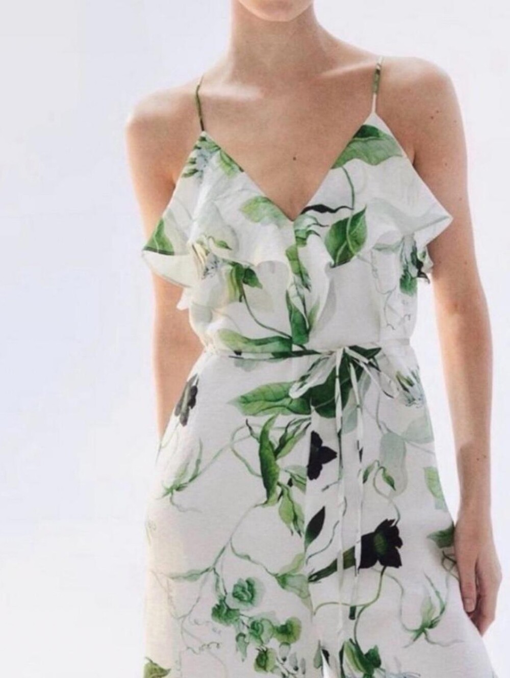 H&M White & Green Floral Botanical Ruffle Jumpsuit